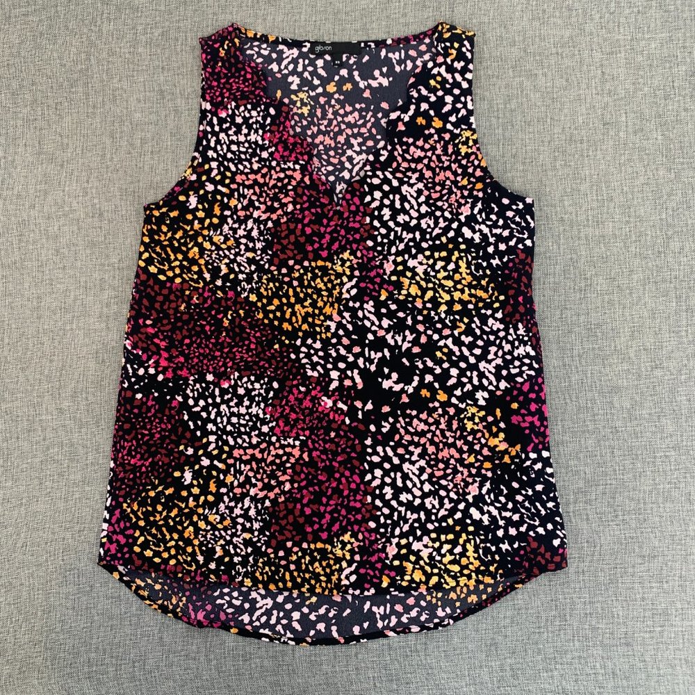 Gibson Women's Sleeveless‎ Blouse Multicolor Spotted Print Low V-Neck XS Top